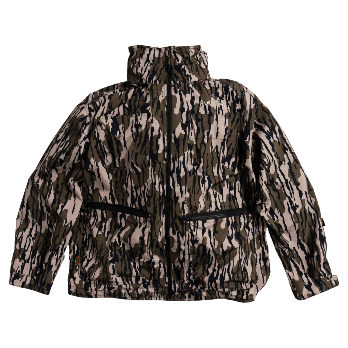 Autumn yard jacket in old growth camo, front view