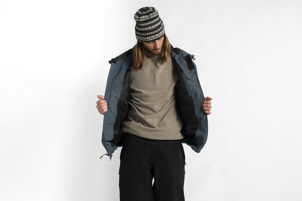 Autumn Channel Jacket in Slate worn open, showing lining and layers