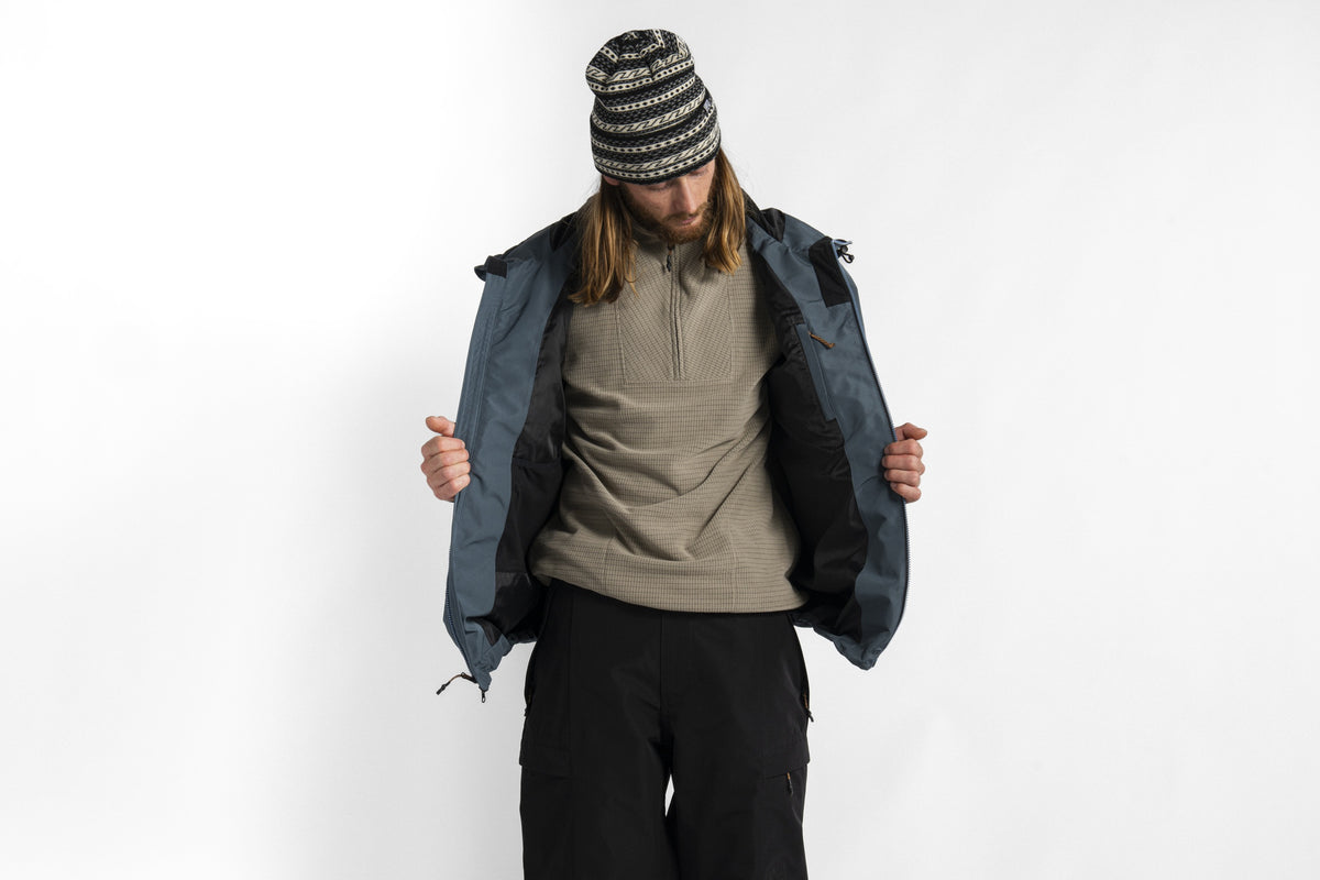 Autumn Channel Jacket in Slate worn open, showing lining and layers