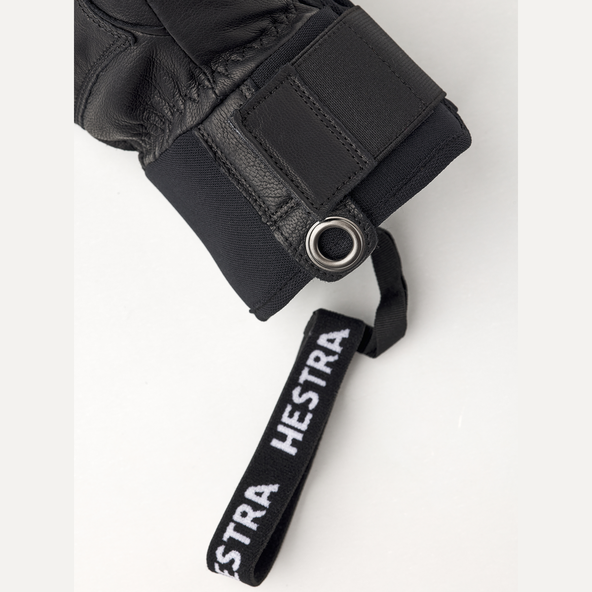 Hestra Fall Line Black/Black mitten wrist strap detail. Photo: HESTRA