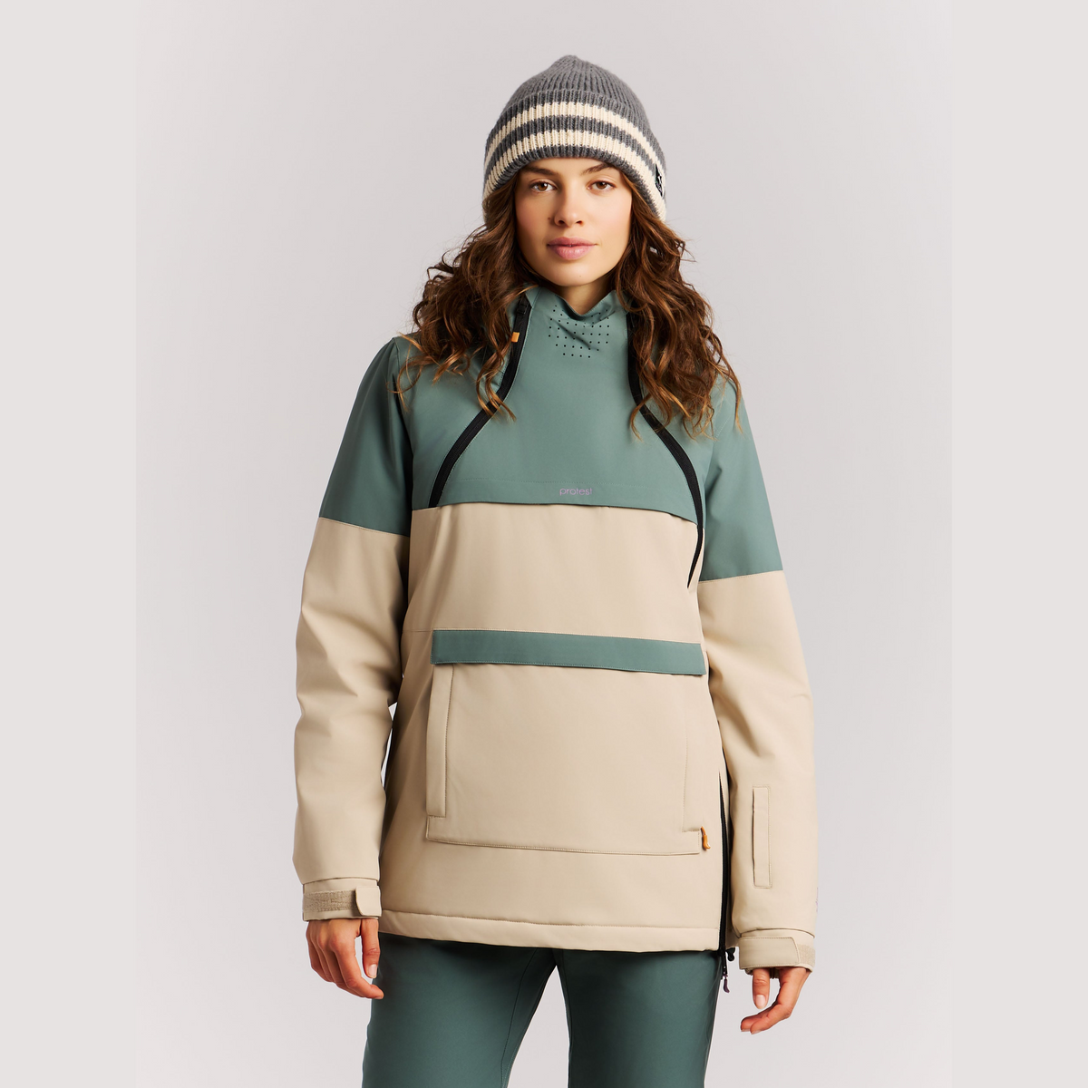 Protest Daya Women's Snow Jacket in Bamboo Beige — modeled view