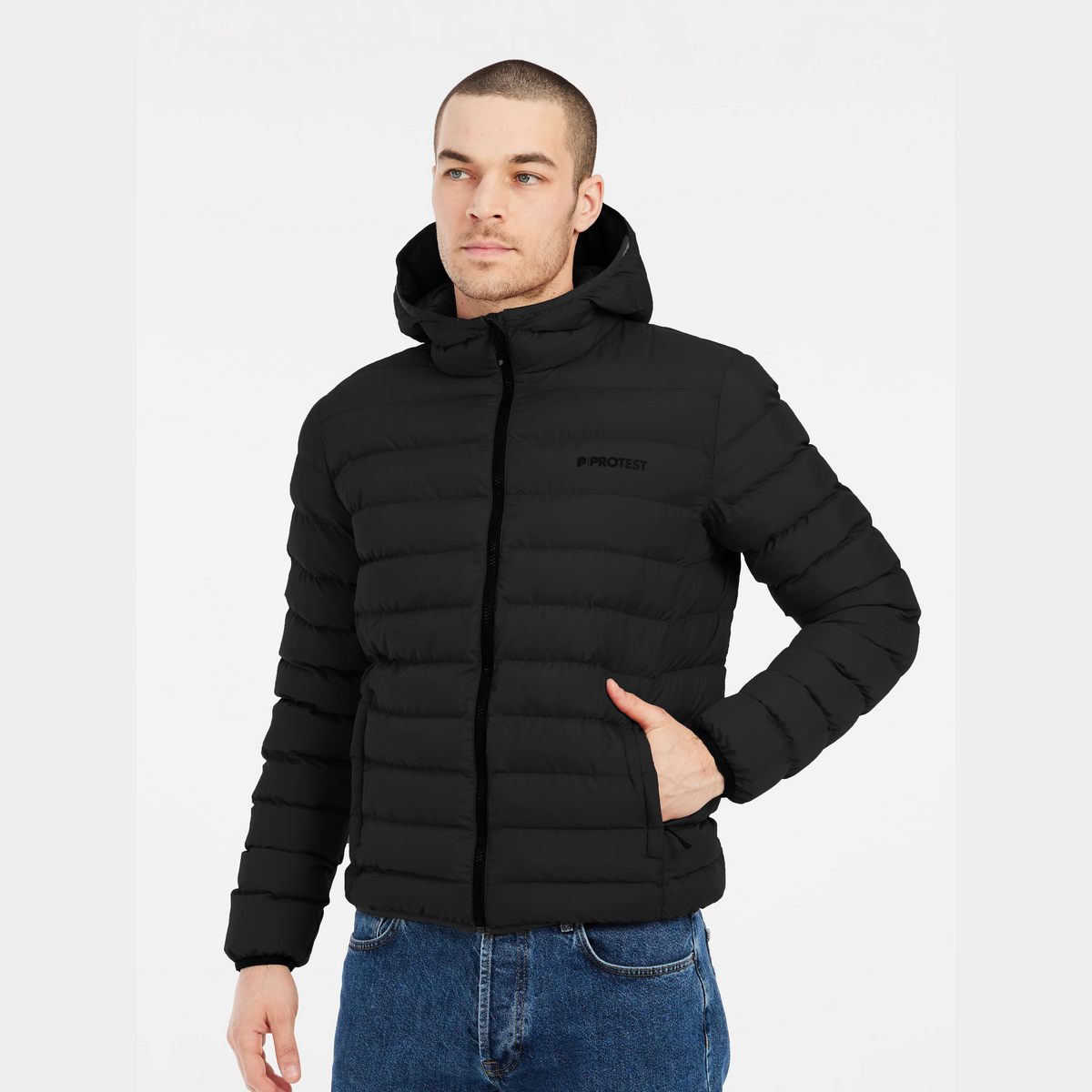 Protest Basso Men's Puffer Jacket in True Black — modeled view