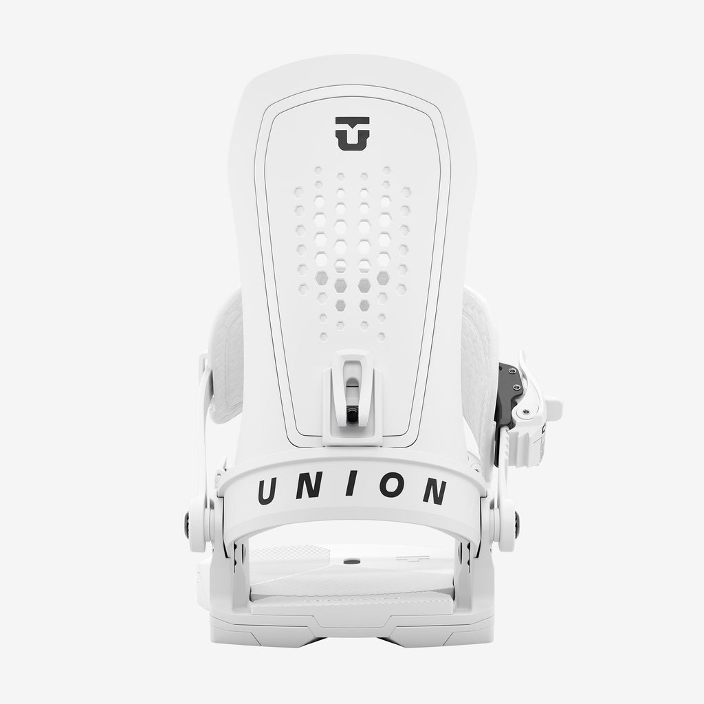 Union Force white snowboard binding rear view