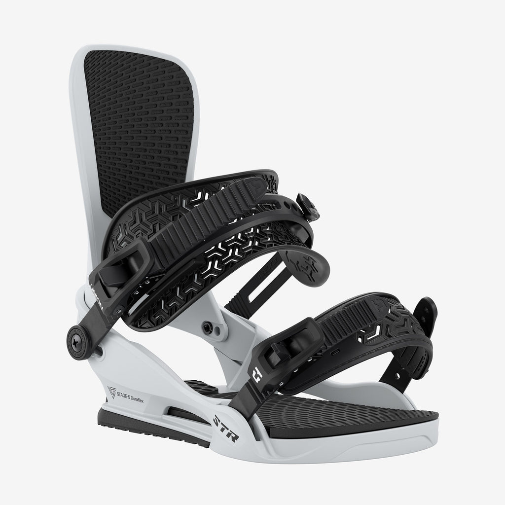 Union STR grey snowboard binding front view