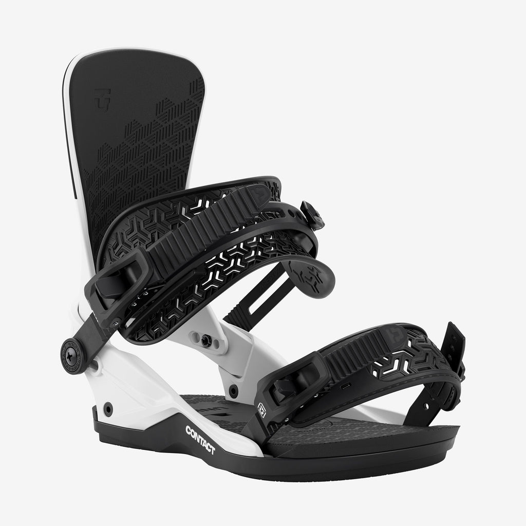 Union Contact white snowboard binding front view